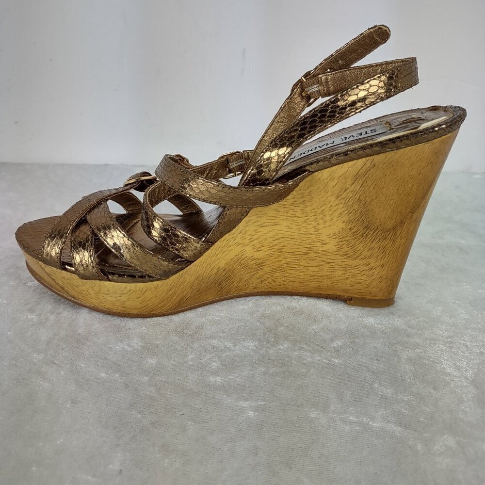 Steve Madden (Leona) Bronze Snakeskin Print 4 Inch Strappy Wedges Size 7 - Picture 7 of 12